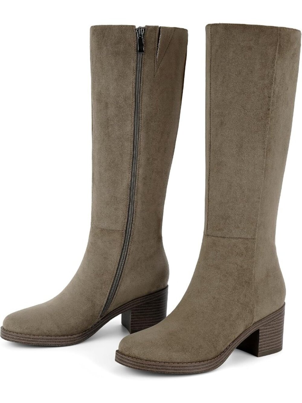 Women's Olive Suede Knee High Boots Chunky Low Block Heel Round Toe Boots - Picture 4 of 7